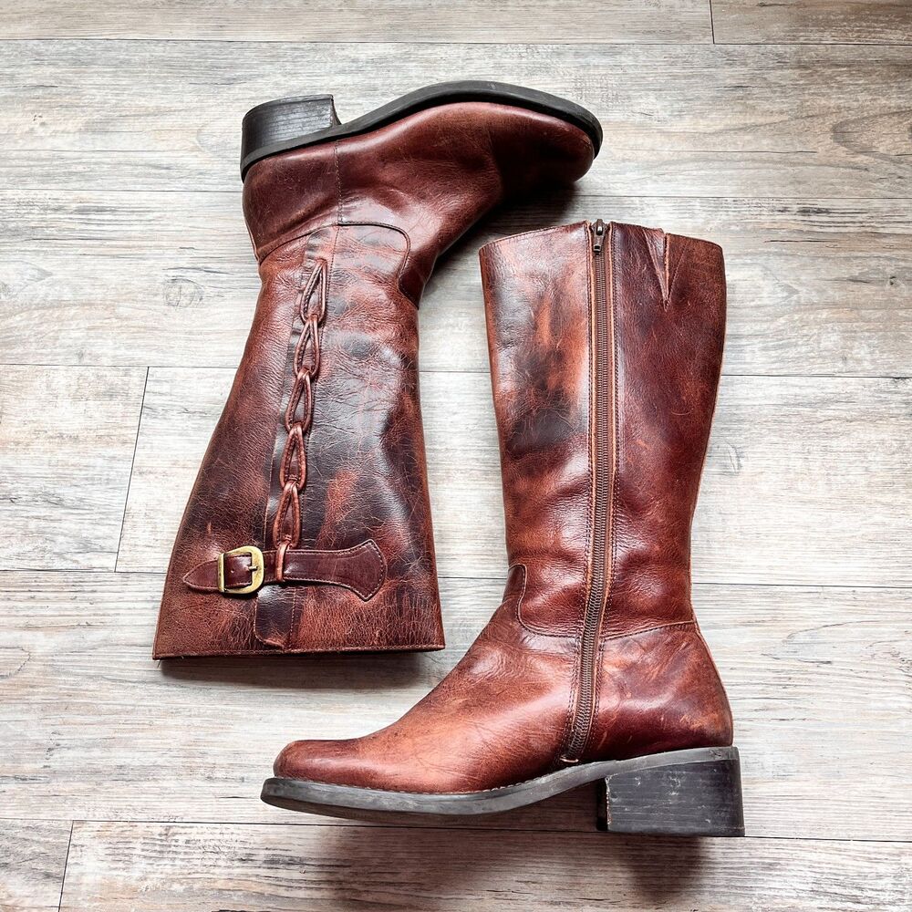 Nicole Leather Campus Boots Brown Belted Western Boho Size 10 M Zip Rustic